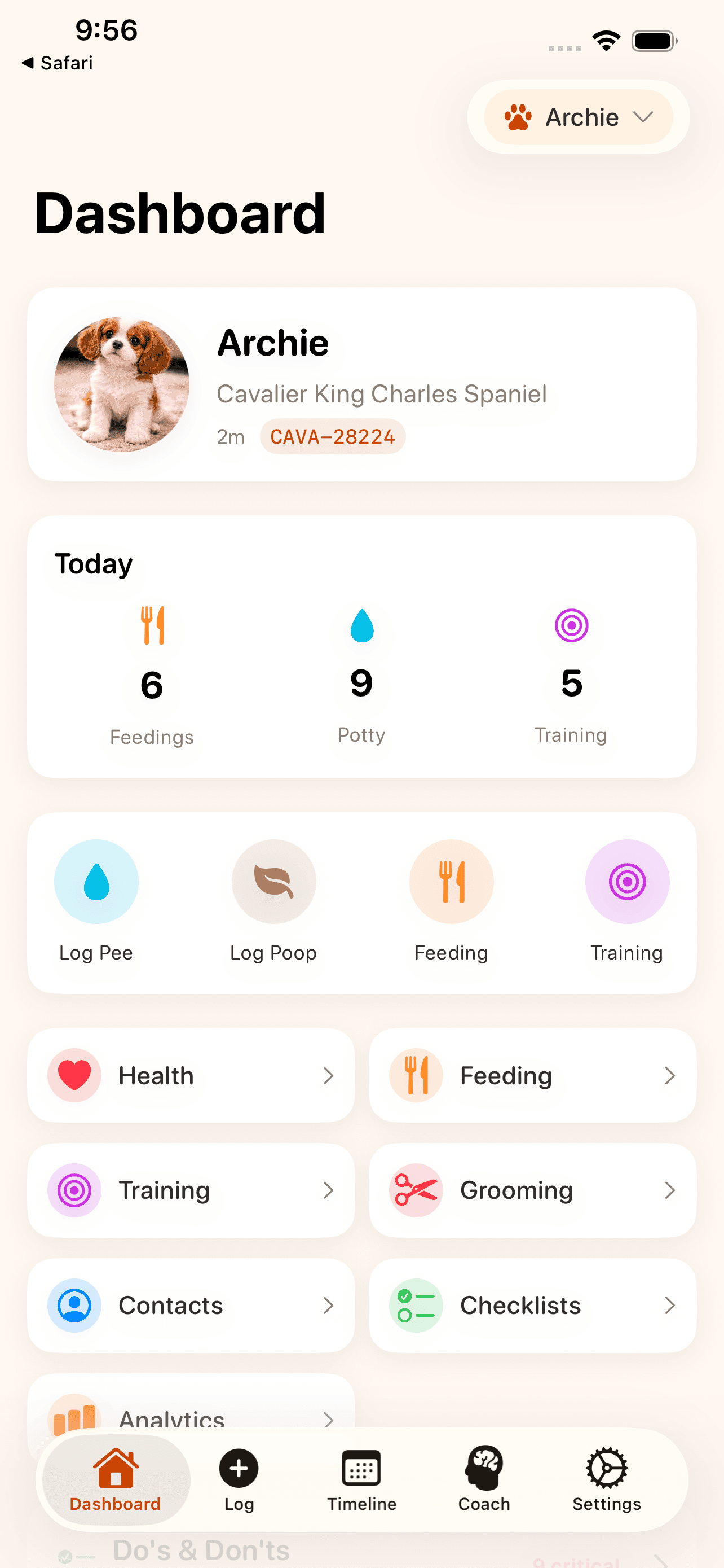PuppyHQ app screenshot showing health tracking