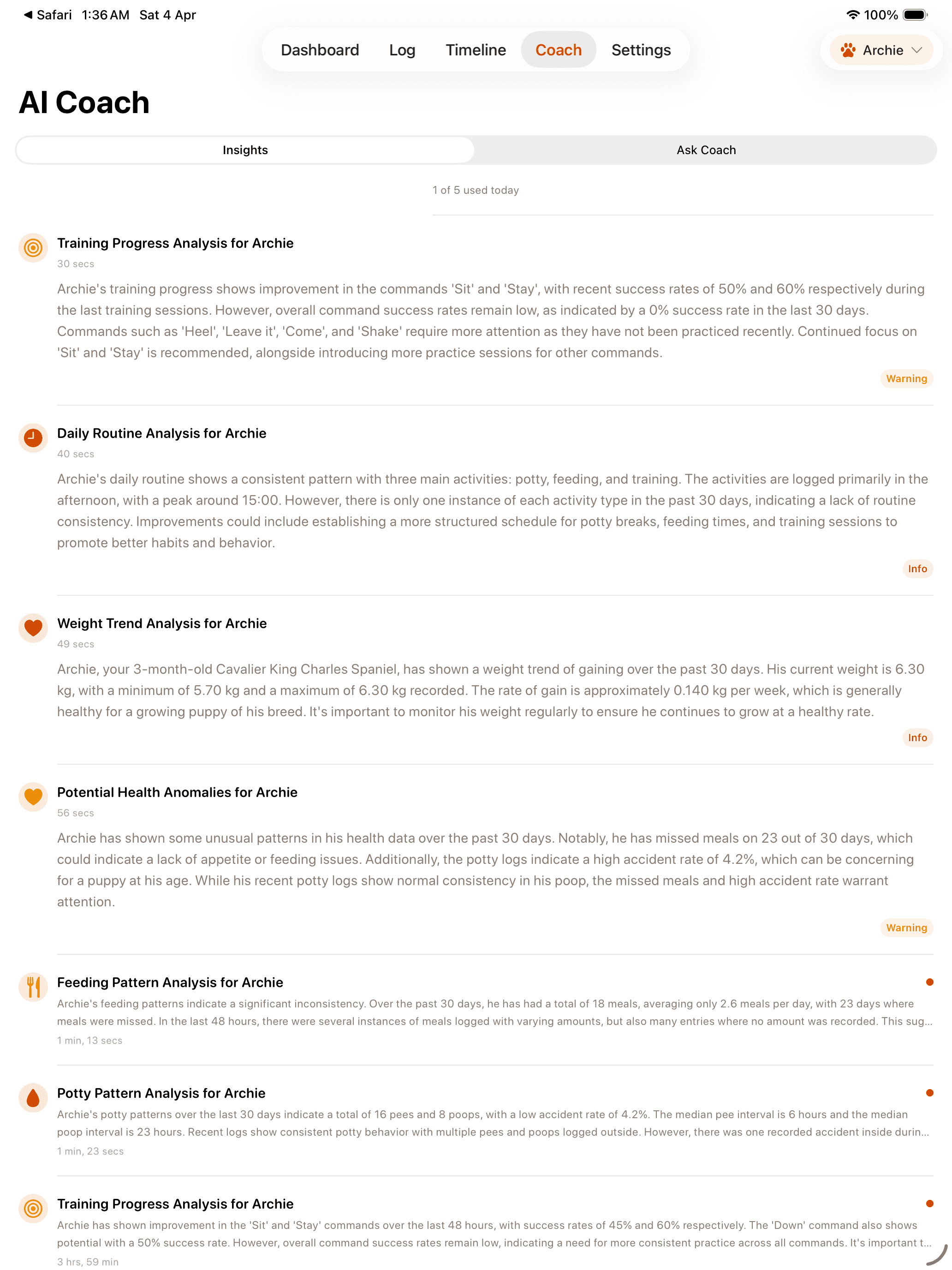 PuppyHQ app screenshot showing breed monitoring